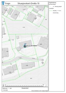 Situasjonskart som viser eiendomsinndeling, bygningers plassering og grenser for Orrelia 10.