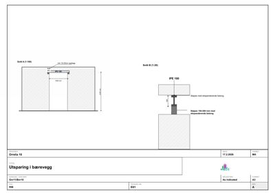 Tegning som viser detaljerte snitt (Snitt A og Snitt B) av en utsparring i en bærevegg, med spesifikke mål og konstruksjonsdetaljer.