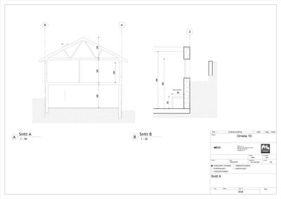 Snittegning (Snitt A og Snitt B) som viser tverrsnittet av en bygning, inkludert takkonstruksjon, veggtykkelse og grunnplan.
