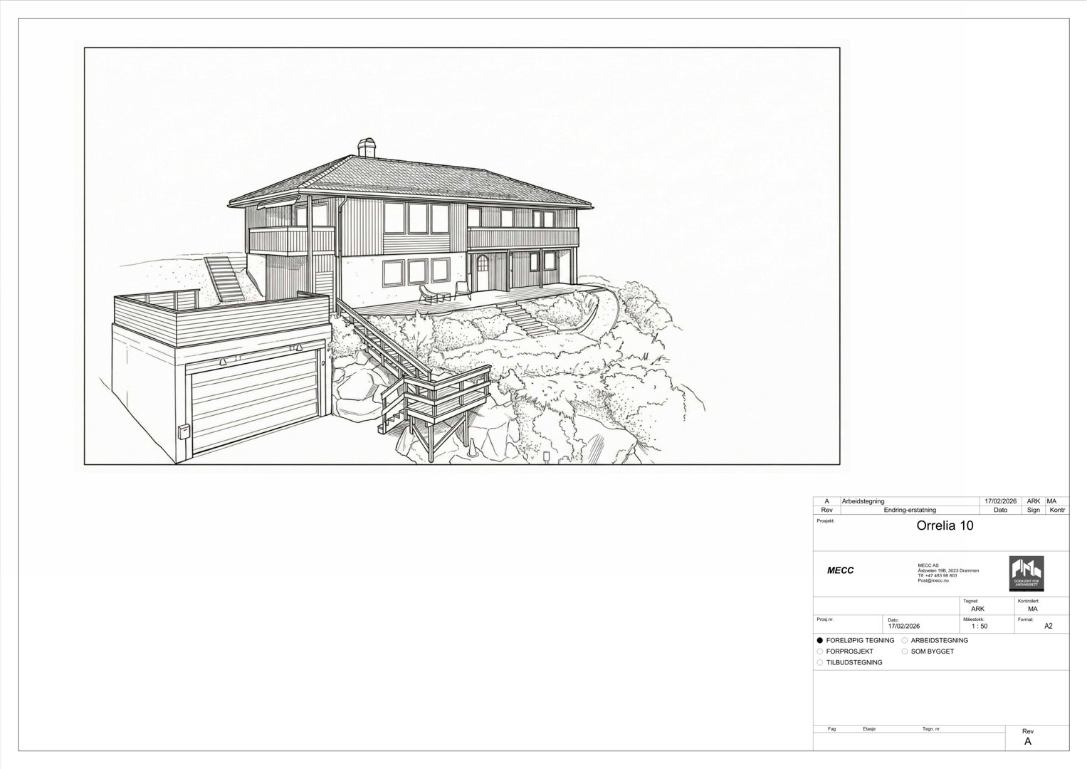 En linjetegning (rendering) som viser fasade og situasjon for en villa med garasje og trapper.
