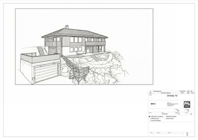 En linjetegning (rendering) som viser fasade og situasjon for en villa med garasje og trapper.