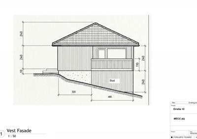 Tegning av Vest Fasade med mål på tak, vegger og grunnflate.