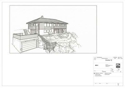 En linjetegning (rendering) som viser fasade og situasjon for en villa med garasje og trapper.