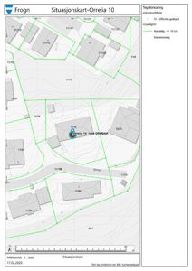 Situasjonskart som viser eiendomsinndeling, bygningers plassering og grenser for Orrelia 10.