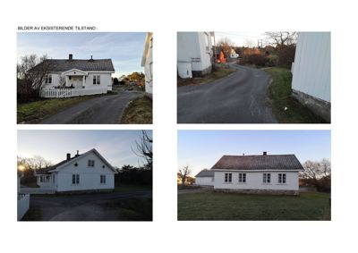 Fotografier av eksisterende tilstand av en hvit, enetasjes bygning med tak og omgivelser.