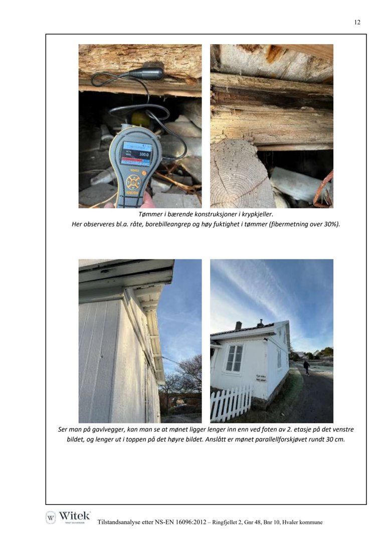 Fotografier av skader på tømmerkonstruksjoner i krypkjeller og gavlvegger, inkludert fuktighet og mønet.