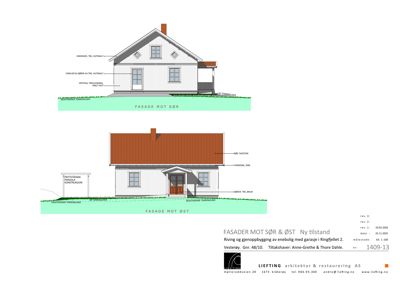 Fasadetegning som viser oppriss av en bygning sett fra sør og øst, med detaljer om materialer og konstruksjon.