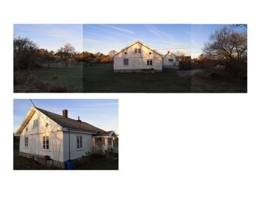 Fotografier av en hvit villa sett fra utsiden, inkludert et panoramabilde og et nærbilde.