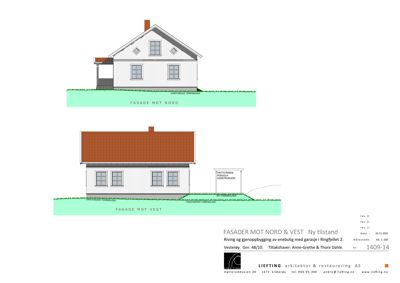 Fasadetegning som viser bygningens utseende sett fra nord og vest.