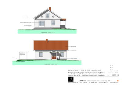 Fasadetegning som viser oppriss av enebolig sett fra sør og øst, med detaljer om materialer og konstruksjon.