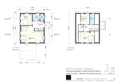 Etasjeplaner for et hus (1. og 2. etasje) med romfordeling, mål og areal.