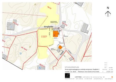 Situasjonsplan som viser tomtens beliggenhet, grenser, eksisterende og planlagt bebyggelse (enebolig med garasje), samt høydemålinger og veioppkobling.