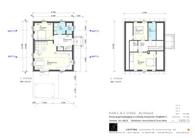 Etasjeplaner for 1. og 2. etasje som viser romfordeling, mål og areal.