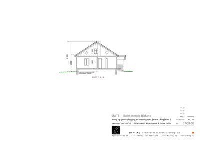 Snittegning (SNITT A-A) som viser tverrsnittet av en eksisterende bygning med mål og konstruksjonsdetaljer.
