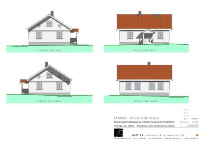 Fasadetegning som viser bygningens utseende fra fire ulike sider (Sør, Øst, Nord og Vest).