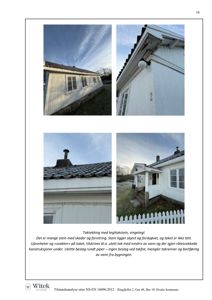 Fotografier av en hvit bygning med tegltekking, som viser skader på takstein, skjevt liggende stein, manglende takrenner og utette beslag.