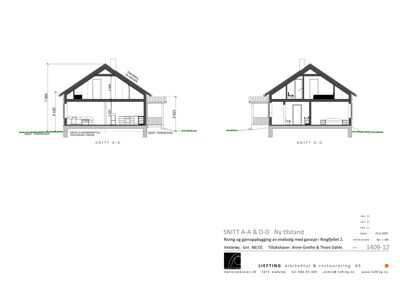 Snittegning (SNITT A-A & SNITT D-D) som viser tverrsnittet av en ny tilstand etter rivning og gjenoppbygging.
