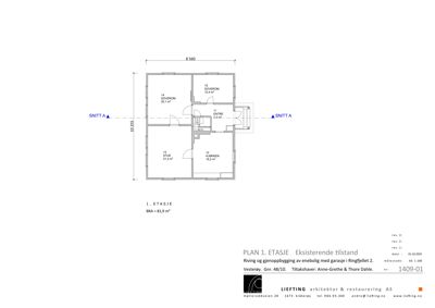 Etasjeplan for 1. etasje av en eksisterende enebolig, som viser romfordeling (stue, kjøkken, soverom) og arealoppdelinger.