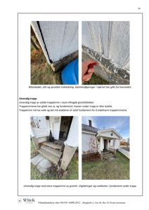 Fotografier av en bygning som viser råtteskade på treledning og ustabile trapper med utglidninger i fundamentet.