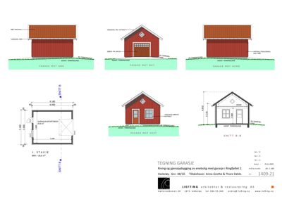 Tegning som viser fasader (mot Sør, Øst, Nord og Vest) samt et snitt (B-B) av en garasje.
