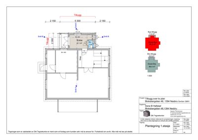 Etasjeplan (1. etasje) med romfordeling, mål og snittreferanser