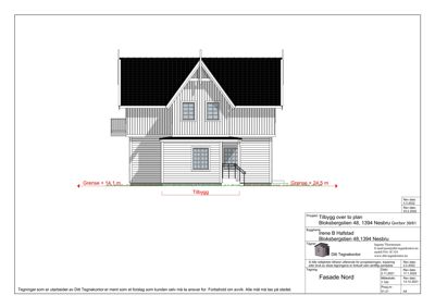 Fasadetegning av en bolig sett fra nord, med angitte grenser og tilbygg.