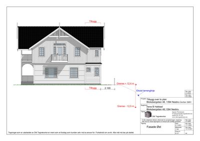 Fasadetegning av en bolig sett fra øst, med tegningsnummer og opplysninger om prosjektet.