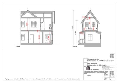 Tegning som viser snitt A og snitt B av en bygning med mål og detaljer.