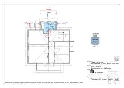 Etasjeplan (2. etasje) med romfordeling, mål og snittreferanser