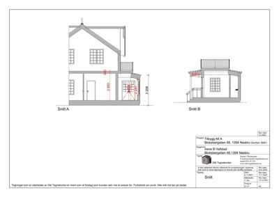 Snittegning av en bygning med to snitt (Snitt A og Snitt B) som viser høyder og vinkler.