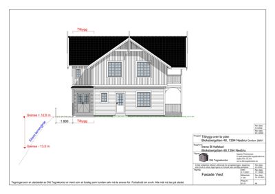 Fasadetegning av en bolig med angitte mål og grenser