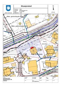 Situasjonskart som viser eiendommen Bloksbergstien 48, omgivende tomter (Tomt 1-5), vegnett, topografi og kommunale grenser.