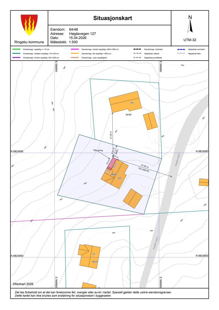 Situasjonskart som viser eiendomsnummer, adresse, datum, målestokk, eiendomsgrenser, naboeiendommer og topografi.