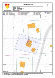 Situasjonskart som viser eiendomsnummer, adresse, datum, målestokk, eiendomsgrenser, naboeiendommer og topografi.