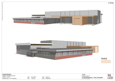 3D-visualisering (perspektivtegning) av en eksisterende bygning med planlagt riving og/eller utvidelse.