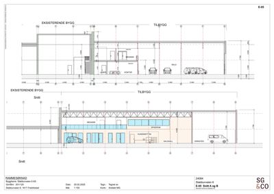 Snittegning (Snitt A og B) som viser tverrsnitt gjennom eksisterende og tilbygg, med romfordeling, høyder og konstruksjonsdetaljer.