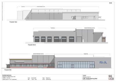 Fasadetegning som viser oppriss av eksisterende og nytt bygg sett fra vest, nord og øst.