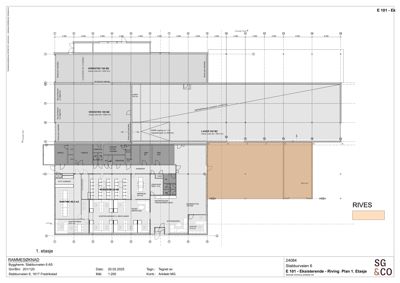 Etasjeplan (1. etasje) som viser romfordeling, funksjoner og dimensjoner for en eksisterende bygning.