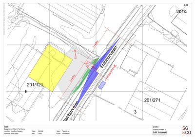 Situasjonsplan som viser tomtens plassering i forhold til nabotomter, veier (Stabburveien) og friomsonekrav.
