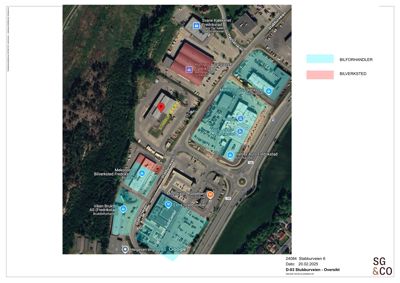 Flyfoto med overlagte markeringer av eiendommer og veier i området rundt Stabburveien 6.