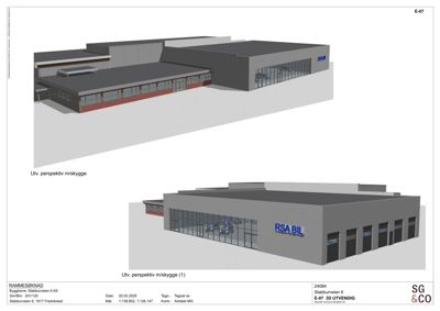 3D-visualisering (perspektiv) av en bygning med skygge, vist fra to ulike vinkler.