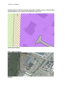 Bildet inneholder et utsnitt fra et reguleringskart (kart med fargekodet arealbruk) og et skråfoto (flyfoto) som viser dagens situasjon på tomta.