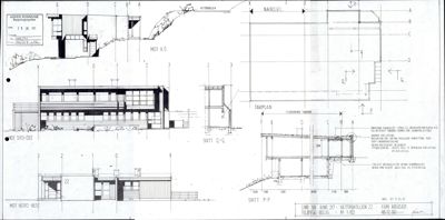 Bildet viser en snittegning (snitt Q-Q og snitt P-P) av en bygning, inkludert fasadeoppriks og situasjonsrelasjon.