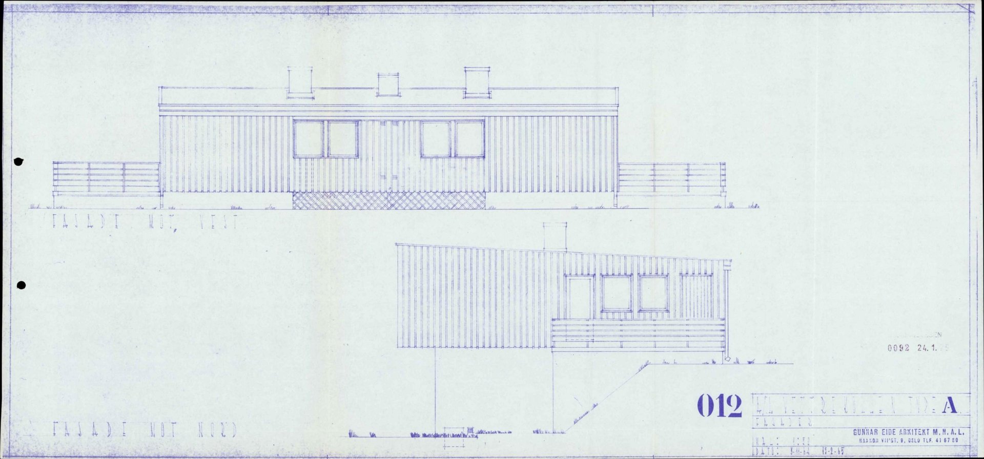 Fasadetegning som viser bygningens utseende sett fra front og side.