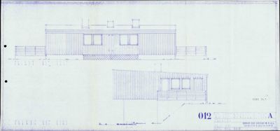 Fasadetegning som viser bygningens utseende sett fra front og side.