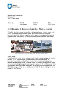 Et fotografi av en villa med tilhørende pergola, inkludert innsett tekst som forklarer at bildet viser fasade og lyssatt veranda.