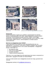 Bildet viser fire skråfotografier (fra luften) av en bygning, med tekster som beskriver endringer i takkonstruksjon og vegg. Under bildene er det en tekstbeskrivelse om plangrunnlag og et brev fra kommunen.