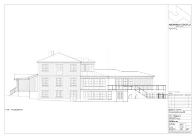Fasadetegning (opprikk) av en bygning sett fra fronten.