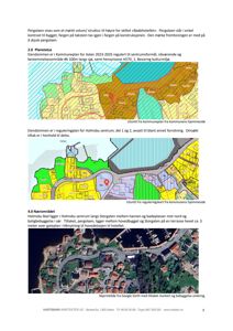 Bildet viser en side fra en rapport som inneholder to kartutsnitt (kommuneplan og reguleringsplan) samt et flyfoto (Google Earth) av området.