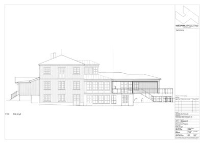 Snittegning (Snitt A) som viser bygningens tverrsnitt, høyder og konstruksjon.